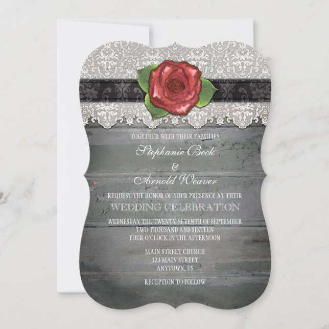 Invitation Noir Rouge Gris Rustique Bois Rose Mariage Inviter (Devant)