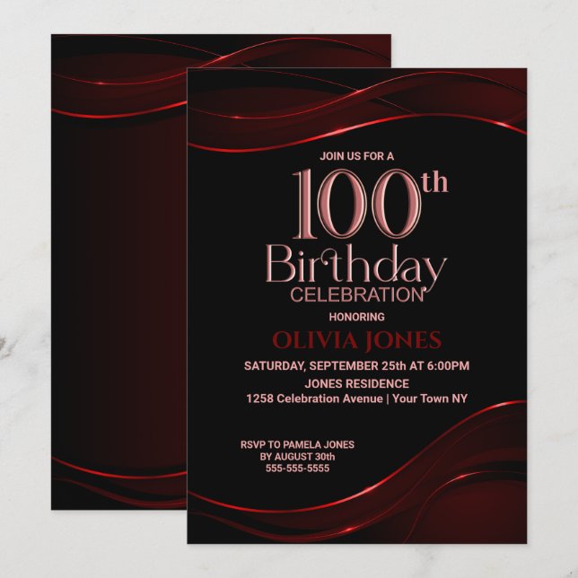 Invitation Noir rouge moderne 100e fête d'anniversaire (Devant / Derrière)