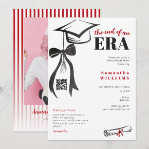 Invitation Noir Rouge Moderne Prépa Nœud Rayures Diplômé Phot