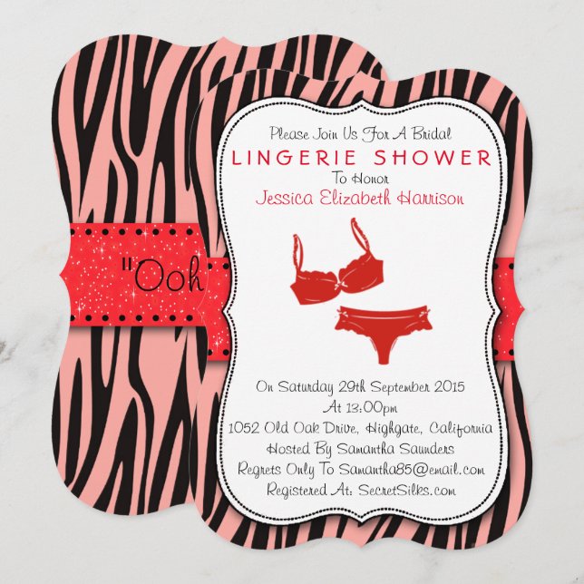 Invitation Noir & Rouge Zèbre Imprimé Support Lingerie Douche (Devant / Derrière)