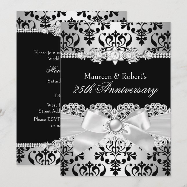 Invitation Noir Ruban de Pearl Damask Argent 25e Anniversaire (Devant / Derrière)
