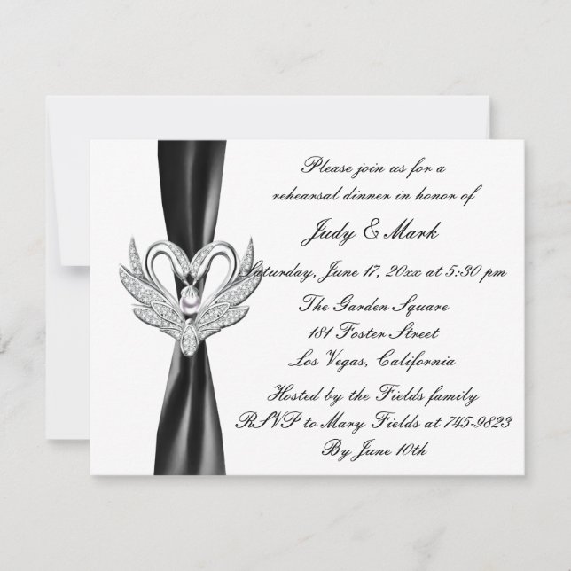 Invitation Noir Ruban Swans Silver Dîner de répétition Invita (Devant)
