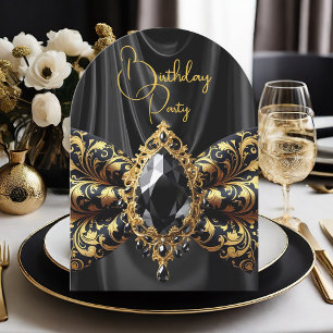 Invitation Noir Soie Anniversaire Faux Bijou Or Paisley