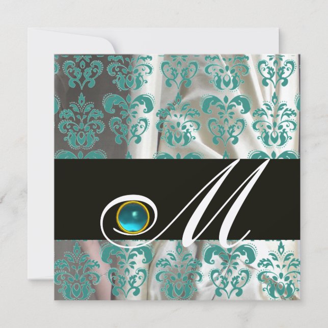 INVITATION NOIR SOIE DAMASSÉE MONOGRAMME AQUAMARINE (Devant)