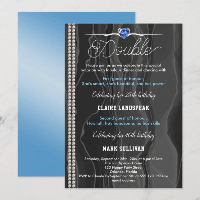 Invitation Noir soie, perles et bleu Adulte Joint Anniversair (Devant / Derrière)