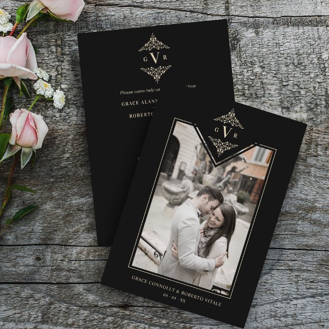 Invitation Noir Sophistiqué Flourish Chic Golden Initiales (Créateur téléchargé)