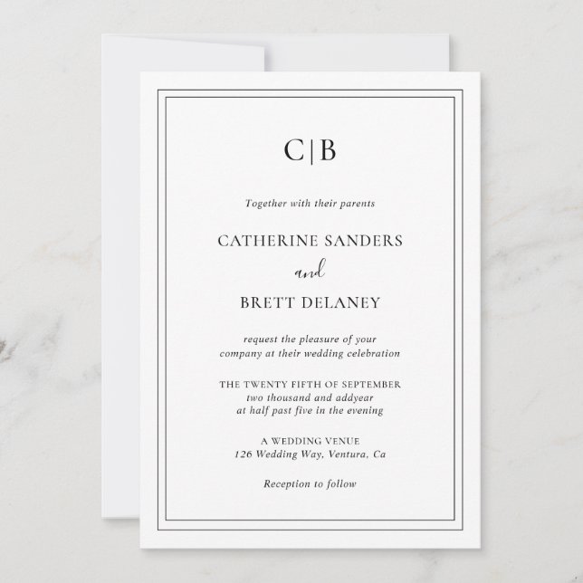 Invitation Noir traditionnel et blanc tout en un Mariage (Devant)