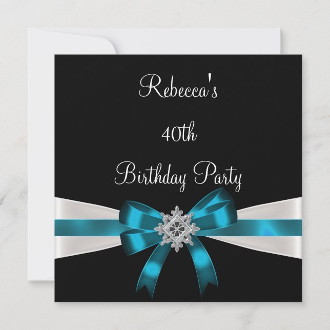 Invitation Noir Turquoise Bijou Bow 40e Anniversaire élégant (Devant)