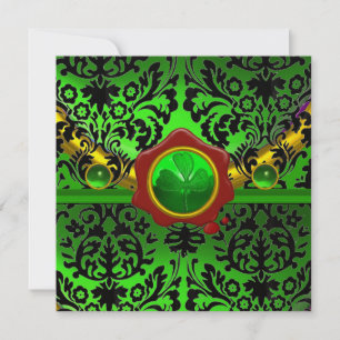 INVITATION NOIR  VERT DAMAS, TRÈFLE, SCEAU DE CIRE ROUGE MONO