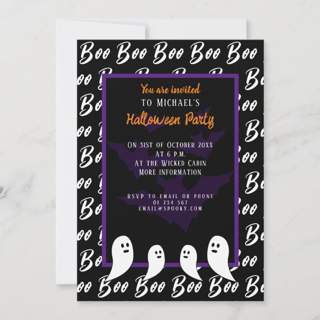 Invitation Noir violet blanc bot Halloween fantôme (Devant)