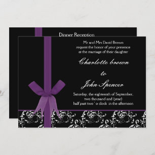 Invitation Noir violet blanc Damas FAUX conception ruban