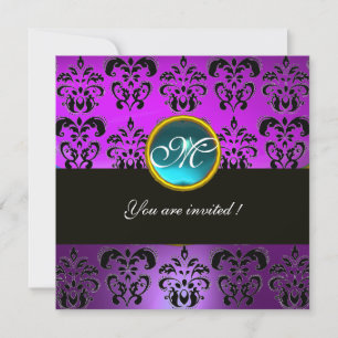 Invitation NOIR VIOLET DAMAS MONOGRAMME, aigue-marine bleue