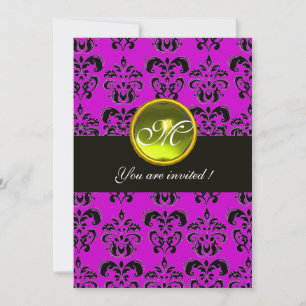Invitation NOIR VIOLET DAMAS MONOGRAMME, topaze jaune