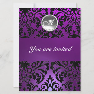 Invitation NOIR & VIOLET DAMASSÉ PIERRE GEMME MONOGRAMME glac