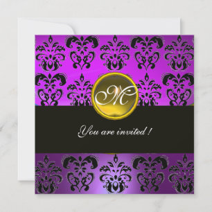 Invitation NOIR VIOLET  MONOGRAMME EN DAMAS, topaze jaune