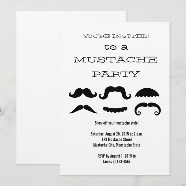 Invitation noire de partie de moustache (Devant / Derrière)