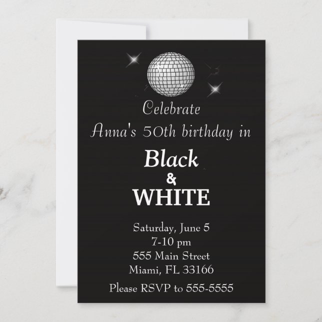 Invitation noire et blanche de fête d'anniversaire (Devant)