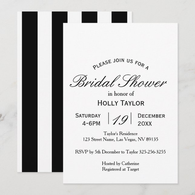 Invitation noire et blanche de Fête de la mariée (Devant / Derrière)