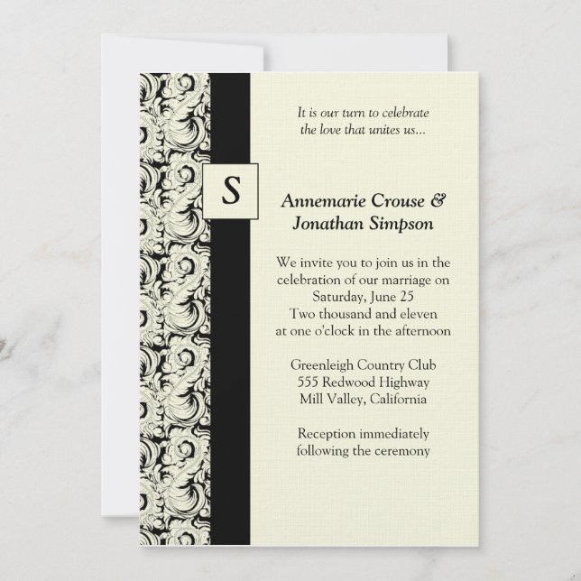 Invitation noire et crème vintage de mariage (Devant)