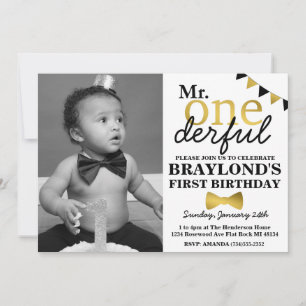 Invitation noire et or Mr Onederful avec photo