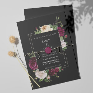 Invitation noire moderne avec pivoines bordeaux