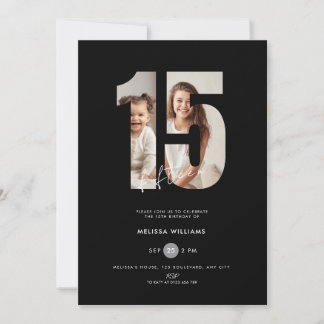 Invitation noire pour les 15 ans avec photo de fil