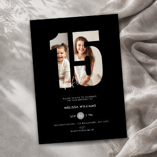 Invitation noire pour les 15 ans avec photo de fil