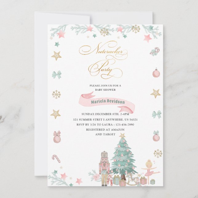 Invitation Noisette de Noël Ballet Aquarelle rose bébé s (Devant)