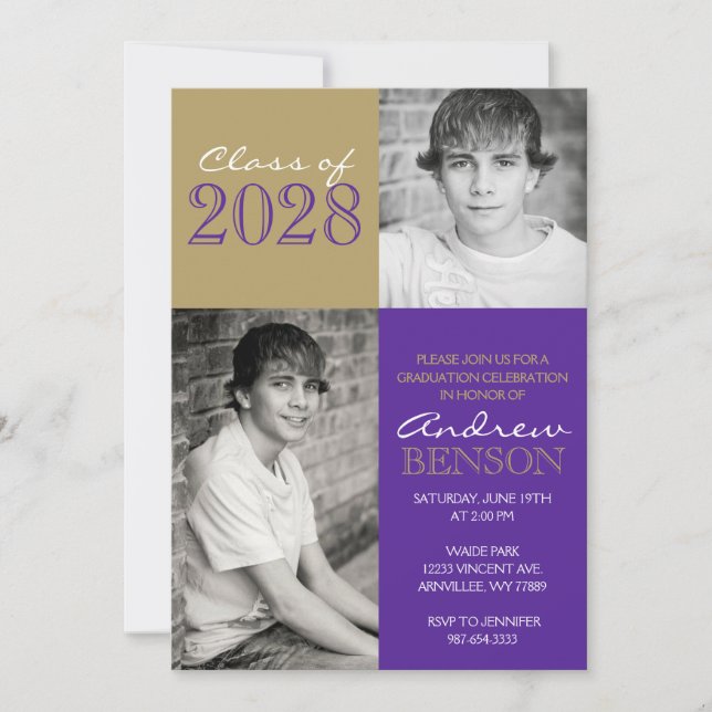 Invitation Noisette Gold & Purple Classic 2 Photo Graduation (Devant)