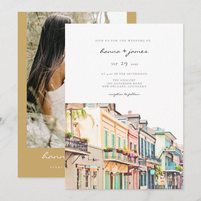 Invitation NOLA Aquarelle Nouvelle-Orléans Bourbon Mariage de (Devant / Derrière)