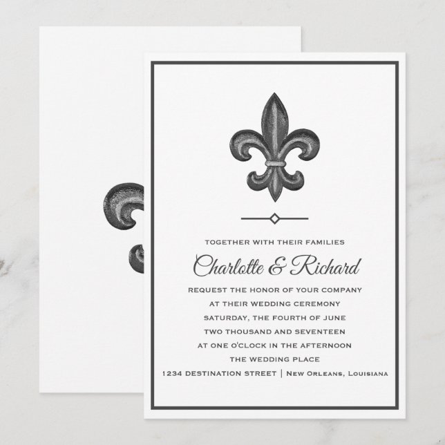 Invitation Nola Grey & White French Fleur De Lis Mariage (Devant / Derrière)