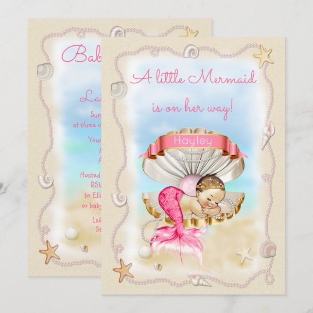 Invitation Nom de la sirène princesse sur le Baby shower de c (Devant / Derrière)