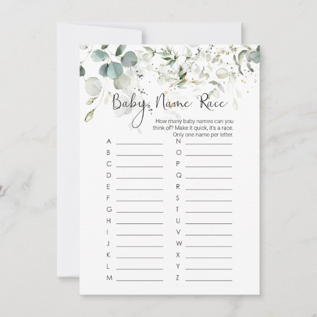 Invitation Nom du bébé jeu de course, Eucalyptus Baby shower  (Devant)