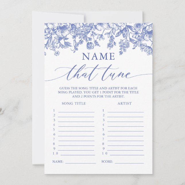 Invitation Nom Floral Bleu Qui Tune Fête des mariées Jeu (Devant)