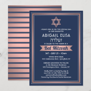 Invitation Nom hébreu Bat mitzvah Marine bleu rose rose or