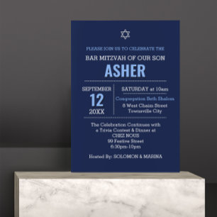 Invitation Nom moderne bleu marine Logo Bar Mitzvah