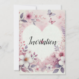 Invitation Nom monogramme cœurs floraux aquarelle romantique