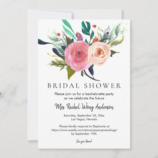 Invitation Nom personnalisé Boho Bouquet Fête des mariées Pho (Devant)