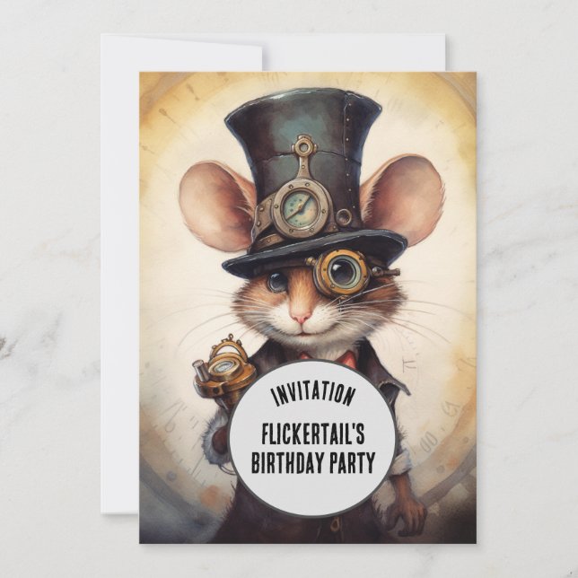 Invitation Nom personnalisé de l'animal steampunk de Flickert (Devant)