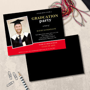 Invitation Nom photo moderne Gold Black Red Grad Party