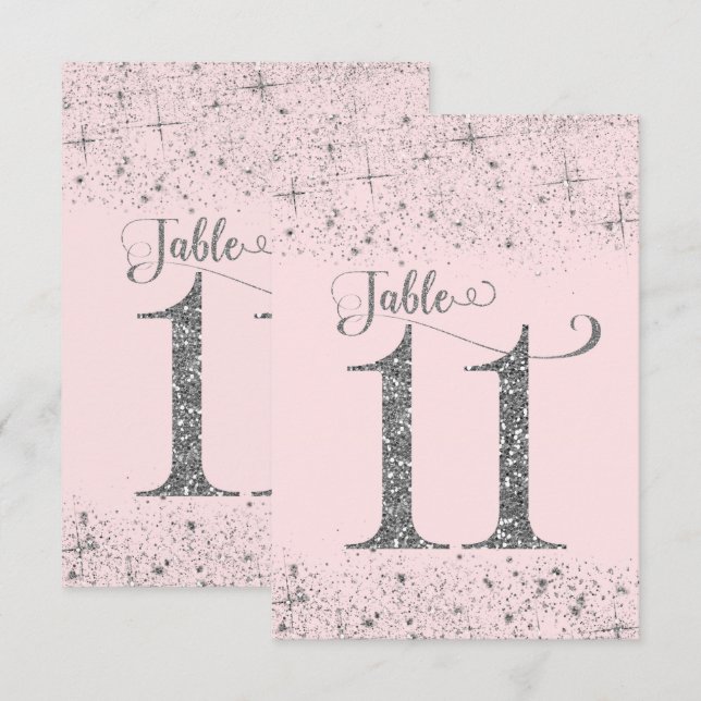 Invitation Nombres de Table Rose Pâle Pailleté Argent N° 11 (Devant / Derrière)