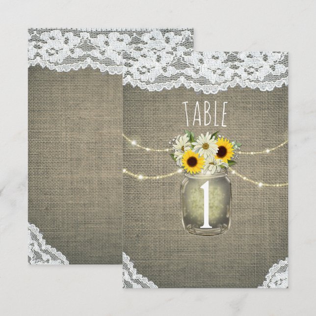 Invitation Nombres de table rustiques tournesols dentelle de  (Devant / Derrière)