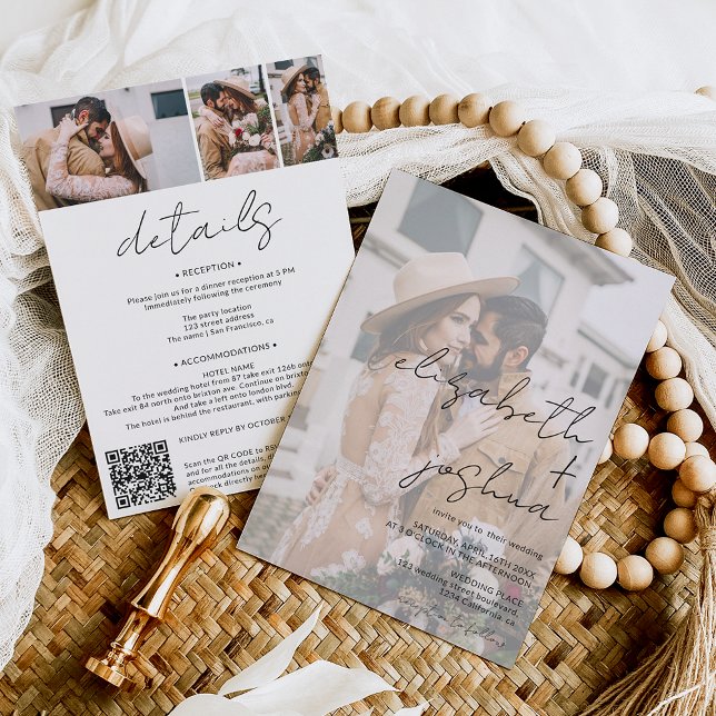 Invitation Noms calligraphie blanc 4 photo tout en un mariage (Créateur téléchargé)