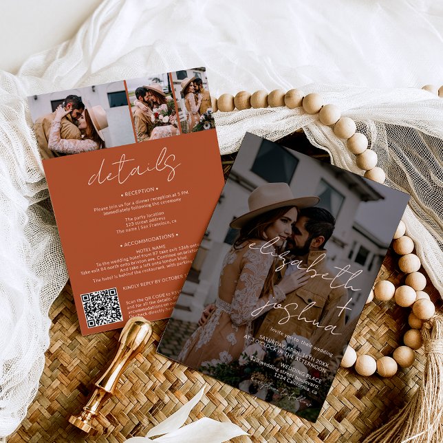 Invitation Noms calligraphie boho 4 photo tout en un mariage (Names calligraphy boho terracotta 4 photos all in one wedding invitation)