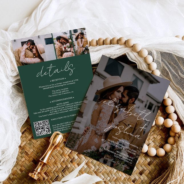 Invitation Noms calligraphie vert 4 photo tout en un mariage (Names calligraphy green 4 photo all in one wedding invitation on green)