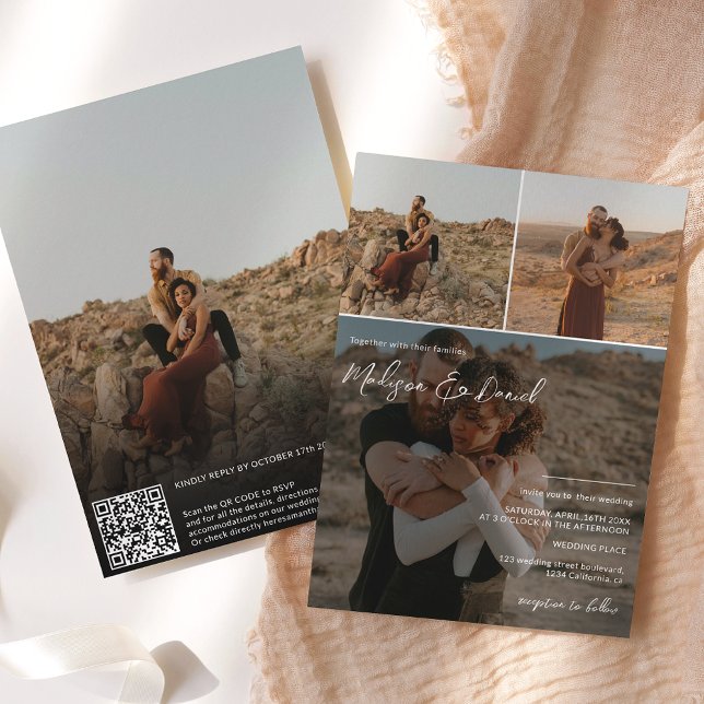 Invitation Noms de script modernes 4 photos code qr mariage (Créateur téléchargé)