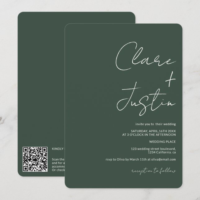 Invitation Noms de script modernes mariage de code qr vert (Devant / Derrière)