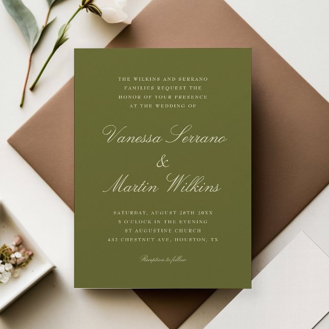 Invitation Noms de script vert olive classique Mariage (olive green and names in script wedding invitation)