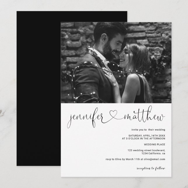 Invitation Noms modernes coeur calligraphie photo mariage (Devant / Derrière)
