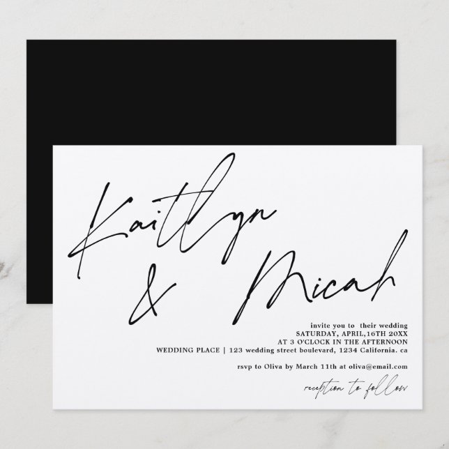 Invitation Noms modernes script calligraphie chic mariage (Devant / Derrière)